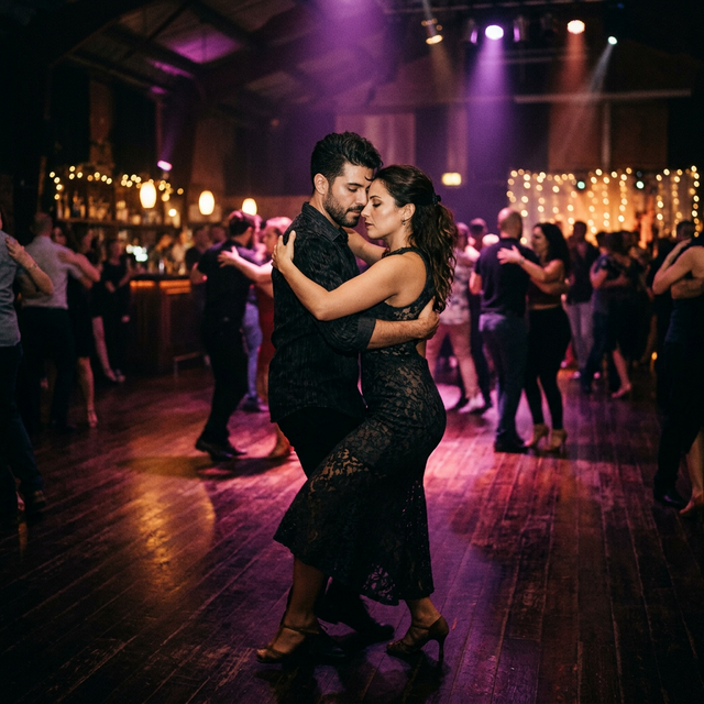 Bachata dancing: a couple dancing sensual bachata at a Latin dance social
